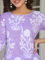 Women's Lavender Pure Cotton Floral Printed Straight Kurta Pant Set