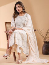 Women's Beige Pure Cotton Ethnic Motifs Printed Anarkali Kurta Set With Dupatta