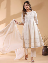 Women's Beige Pure Cotton Ethnic Motifs Printed Anarkali Kurta Set With Dupatta