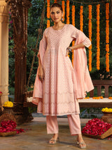 Women's Light Pink Pure Cotton Embroidered Ethnic Motifs Anarkali Kurta Set With Dupatta