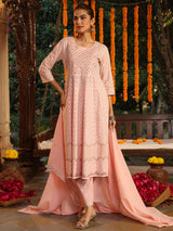 Women's Light Pink Pure Cotton Embroidered Ethnic Motifs Anarkali Kurta Set With Dupatta