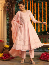 Women's Light Pink Pure Cotton Embroidered Ethnic Motifs Anarkali Kurta Set With Dupatta