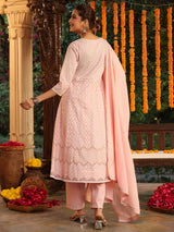 Women's Light Pink Pure Cotton Embroidered Ethnic Motifs Anarkali Kurta Set With Dupatta