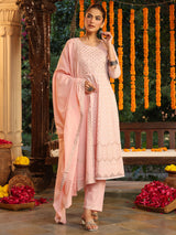 Women's Light Pink Pure Cotton Embroidered Ethnic Motifs Anarkali Kurta Set With Dupatta