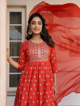 Women's Red Pure Cotton Foil Printed Yoke Design A-line Kurta Pant With Dupatta Set With Dupatta