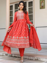 Women's Red Pure Cotton Foil Printed Yoke Design A-line Kurta Pant With Dupatta Set With Dupatta