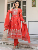 Women's Red Pure Cotton Foil Printed Yoke Design A-line Kurta Pant With Dupatta Set With Dupatta