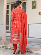 Women's Red Pure Cotton Foil Printed Yoke Design A-line Kurta Pant With Dupatta Set With Dupatta
