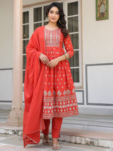 Women's Red Pure Cotton Foil Printed Yoke Design A-line Kurta Pant With Dupatta Set With Dupatta