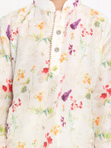 Boys Beige Festive Printed Full Sleeves Kurta with Pyjama