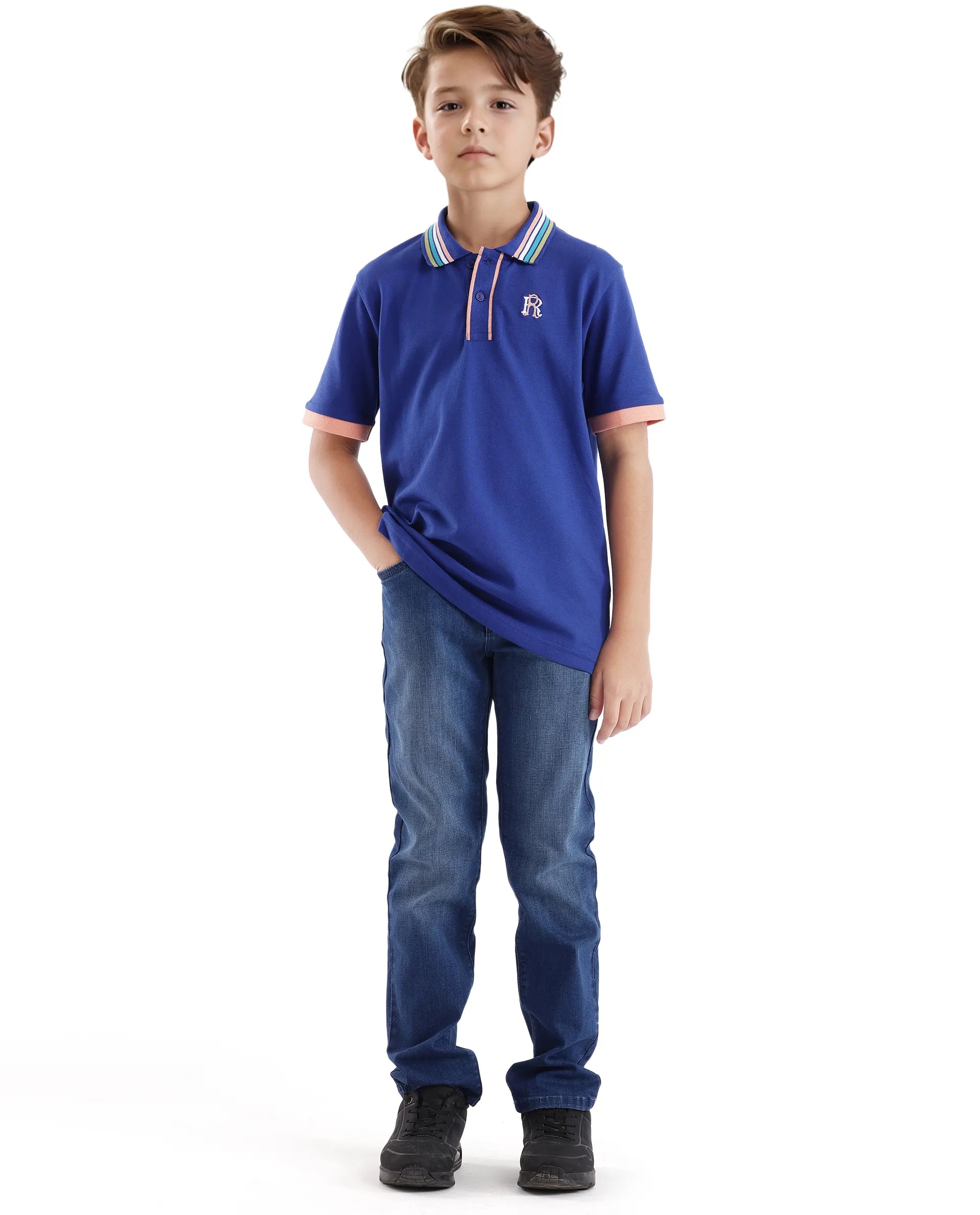 Boys Blue Casual Regular Fit Solid Half Sleeves Polo Tshirt