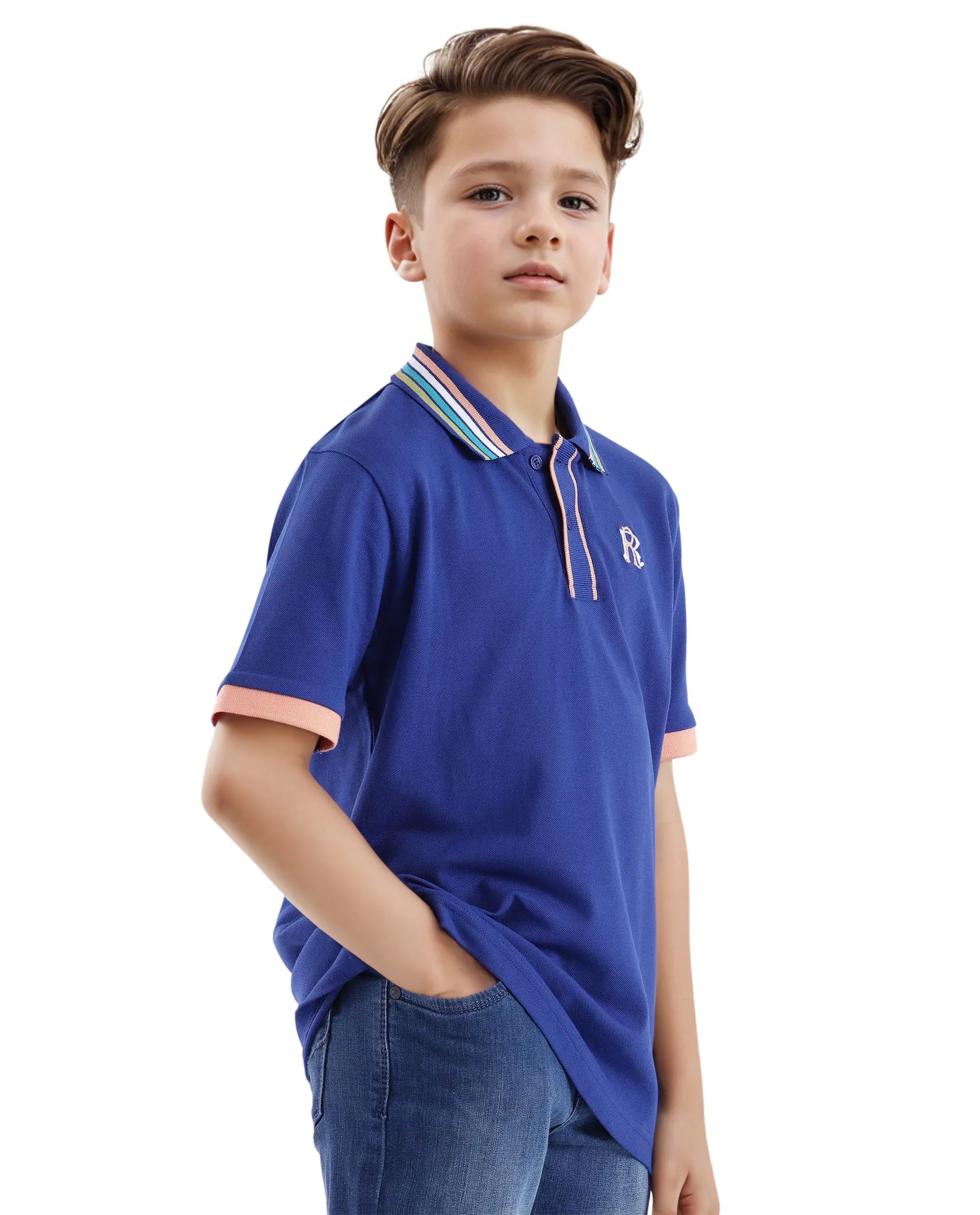 Boys Blue Casual Regular Fit Solid Half Sleeves Polo Tshirt