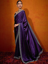 Women's Satin Silk Purple Embellished Designer Saree with Blouse Piece