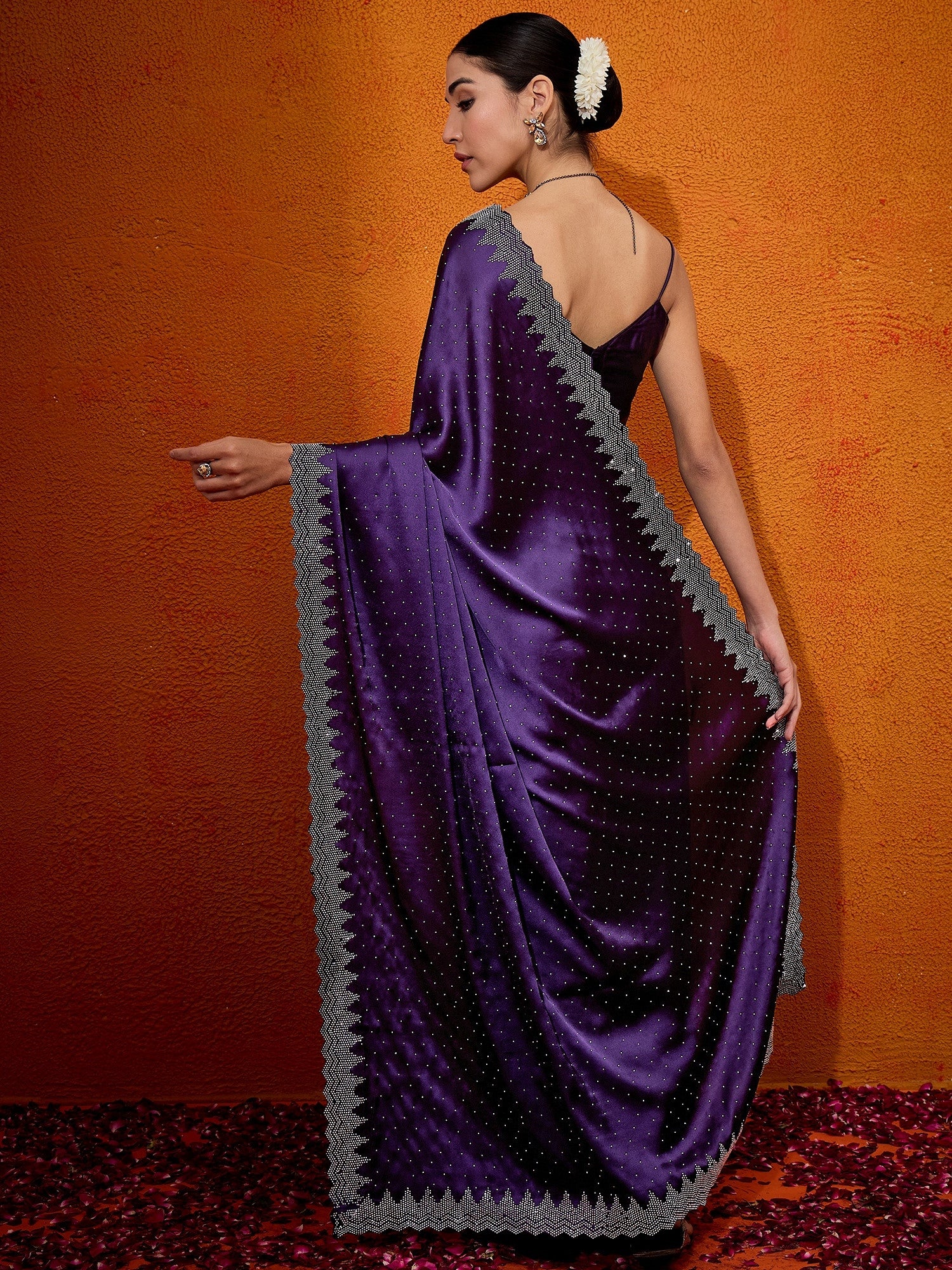 Women's Satin Silk Purple Embellished Designer Saree with Blouse Piece