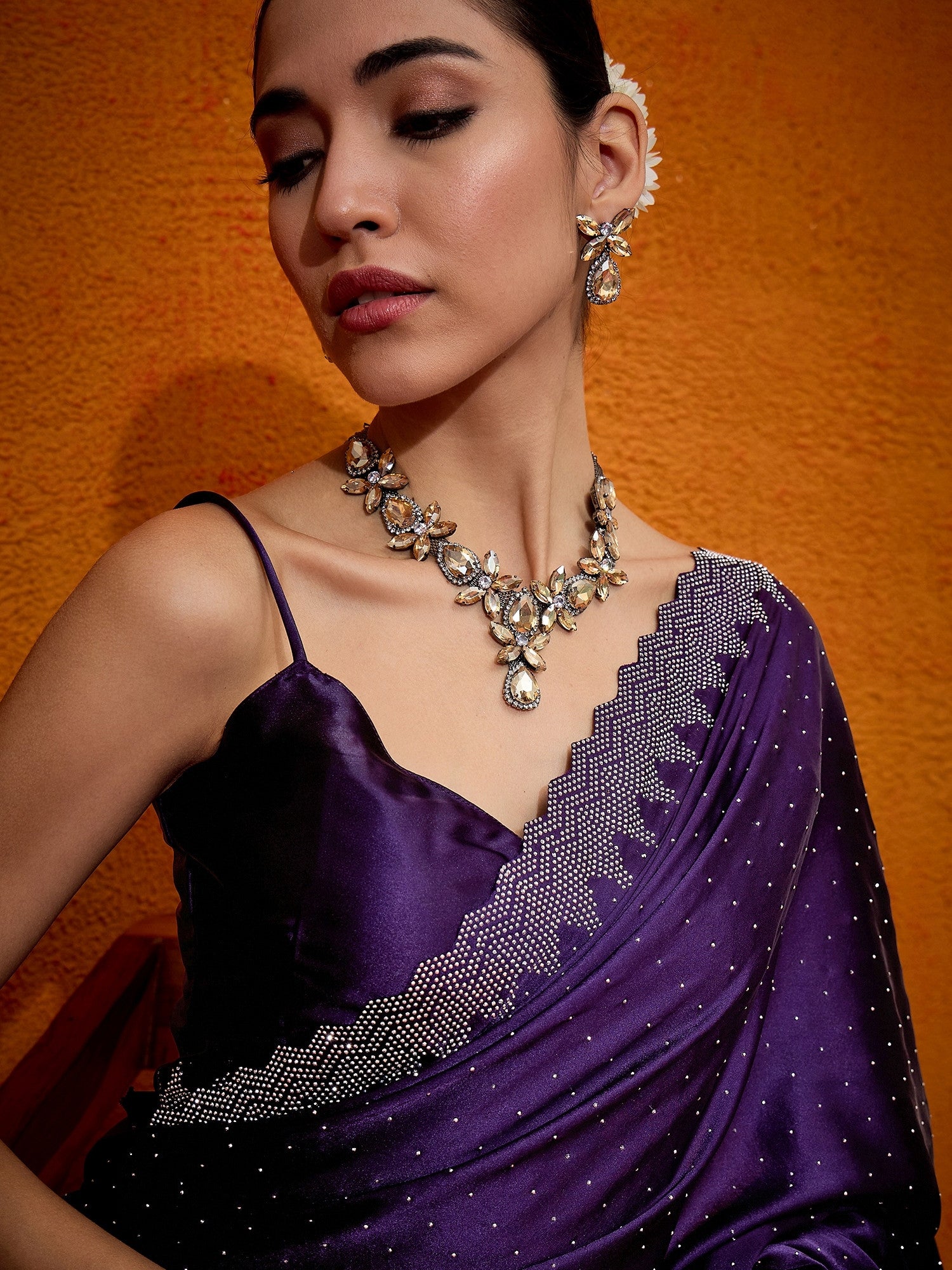 Women's Satin Silk Purple Embellished Designer Saree with Blouse Piece