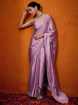Women's Satin Silk Pink Embellished Designer Saree with Blouse Piece