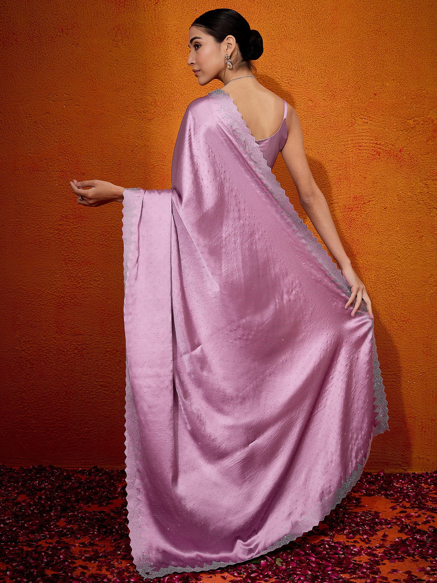 Women's Satin Silk Pink Embellished Designer Saree with Blouse Piece