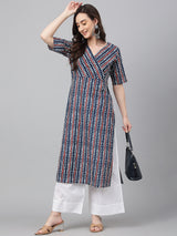 Women's Navy Blue Cotton Geometric Straight Kurta