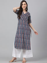 Women's Navy Blue Cotton Geometric Straight Kurta