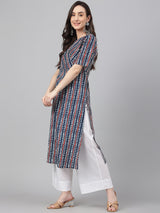 Women's Navy Blue Cotton Geometric Straight Kurta