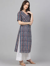 Women's Navy Blue Cotton Geometric Straight Kurta