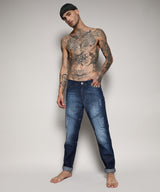 Men's Blue Self-Design Patched Denim Jeans
