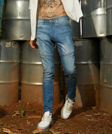 Men's Light Blue Self-Design Patched Denim Jeans