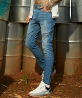 Men's Light Blue Self-Design Patched Denim Jeans