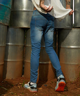 Men's Light Blue Self-Design Patched Denim Jeans