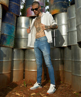 Men's Light Blue Self-Design Patched Denim Jeans