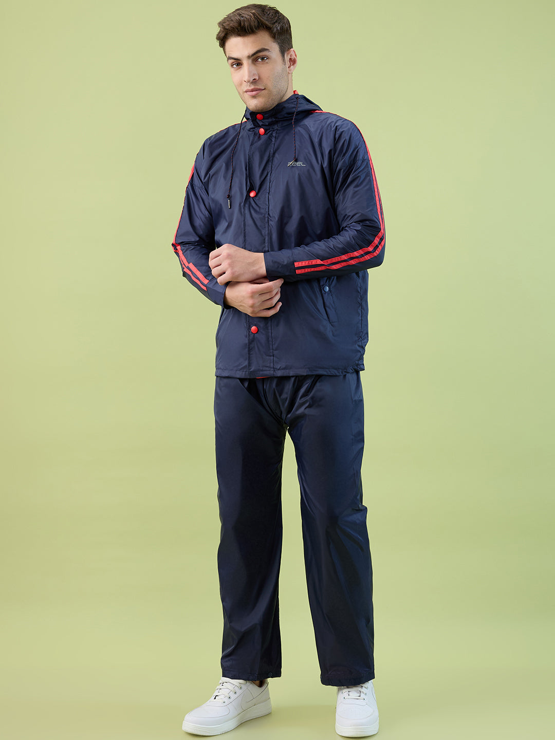 Men's Blue Red Button Polyester and PVC Rainsuit