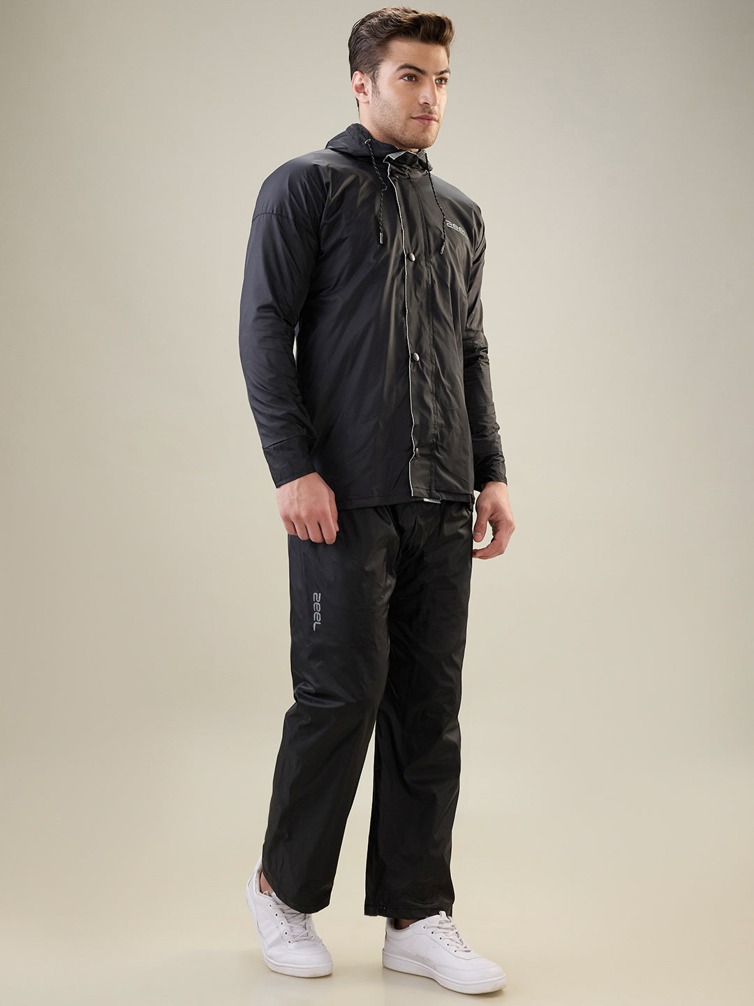 Men's Black Grey Button Rainsuit