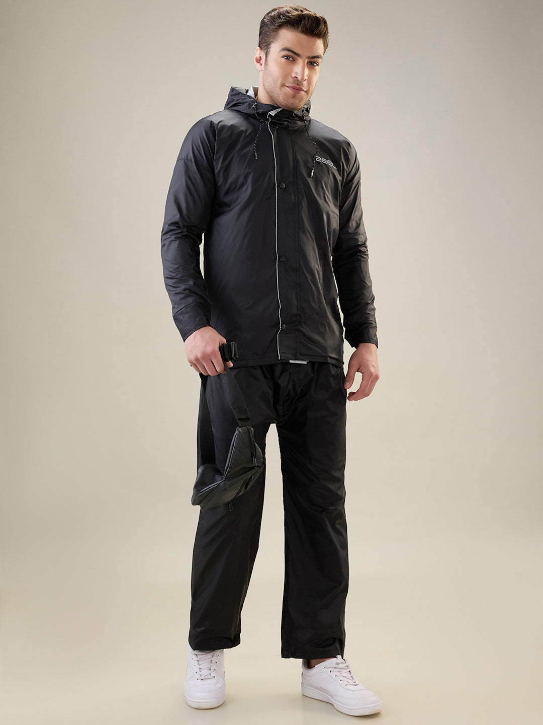 Men's Black Grey Button Rainsuit