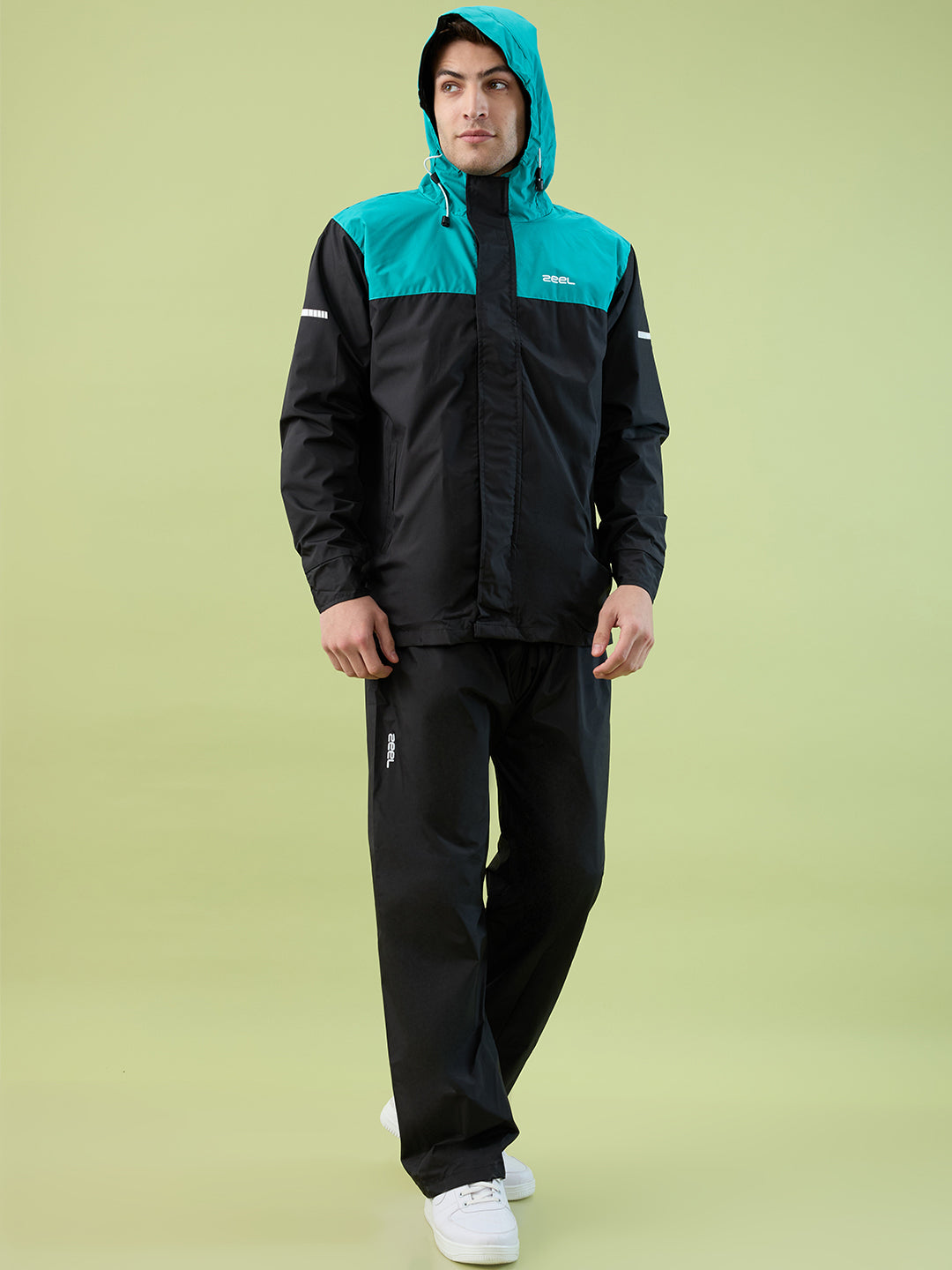 Men's Black Sea Green Zipper Coated Fabric and PVC Rainsuit