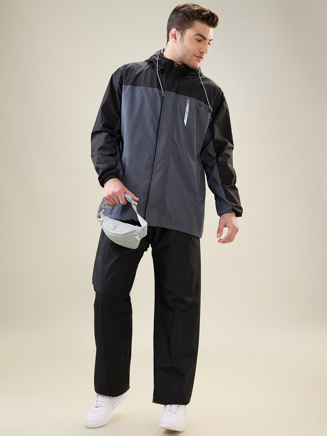 Men's Black Grey Zipper Rainsuit