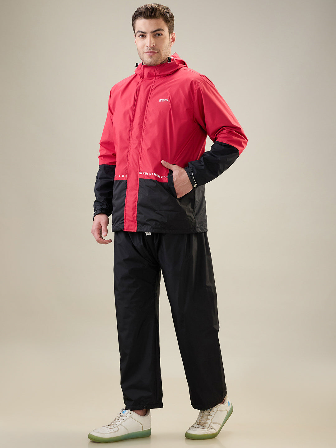 Men's Black Red Zipper Rainsuit