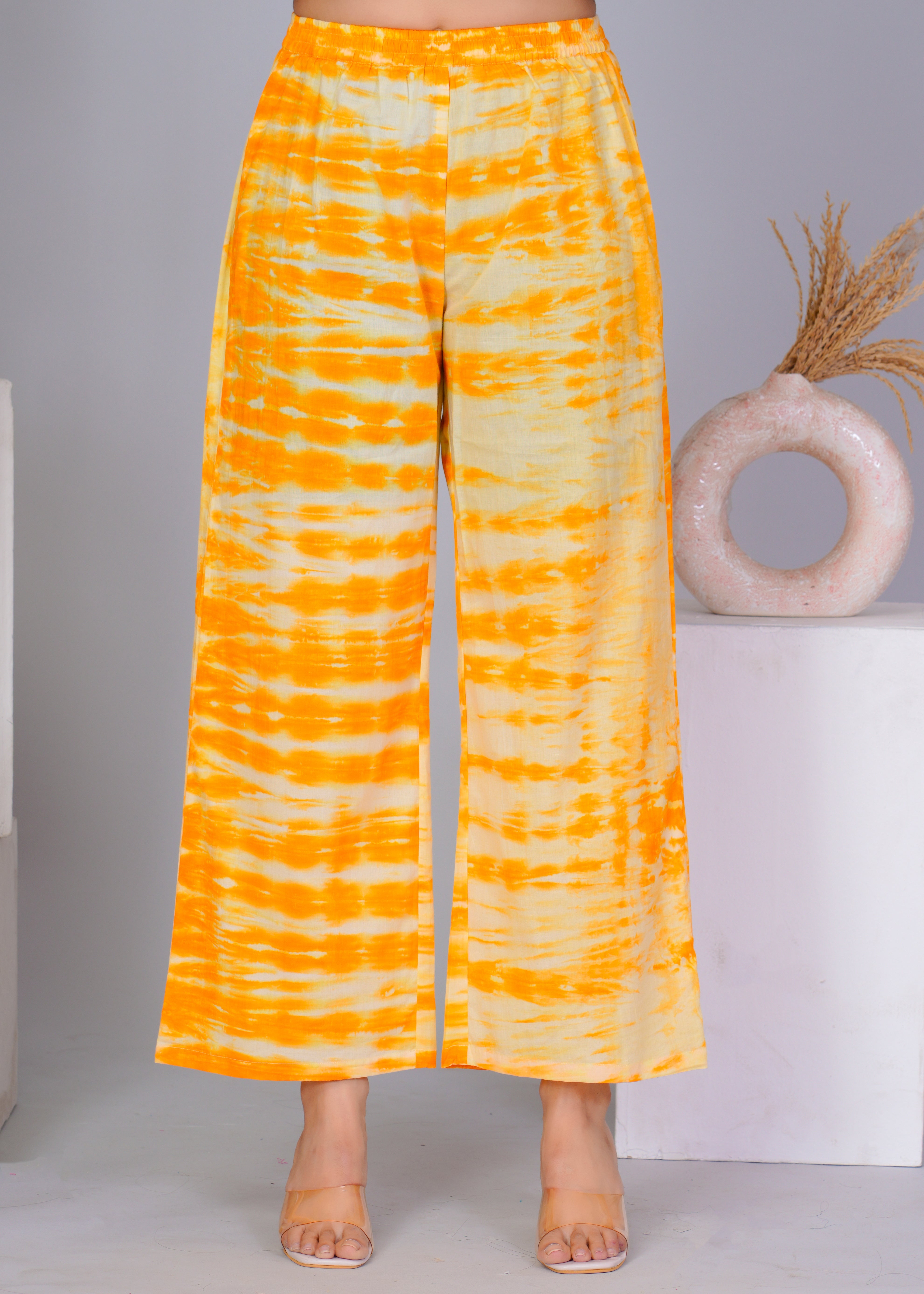 Women's Yellow Work Regular Fit Printed Three Quarter Sleeves Co-Ord Sets