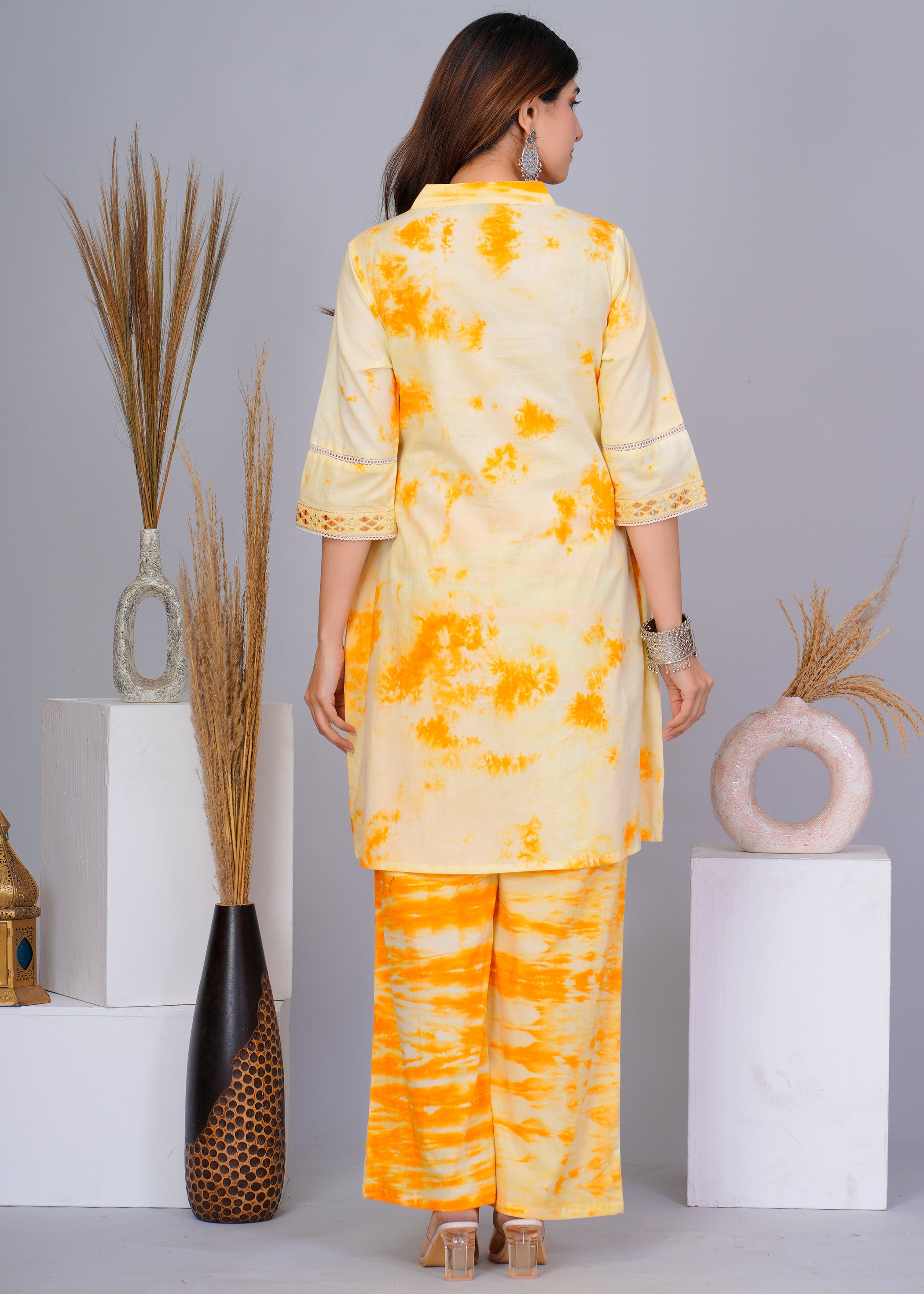 Women's Yellow Work Regular Fit Printed Three Quarter Sleeves Co-Ord Sets