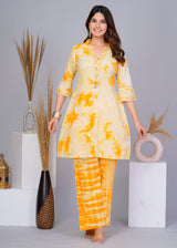 Women's Yellow Work Regular Fit Printed Three Quarter Sleeves Co-Ord Sets