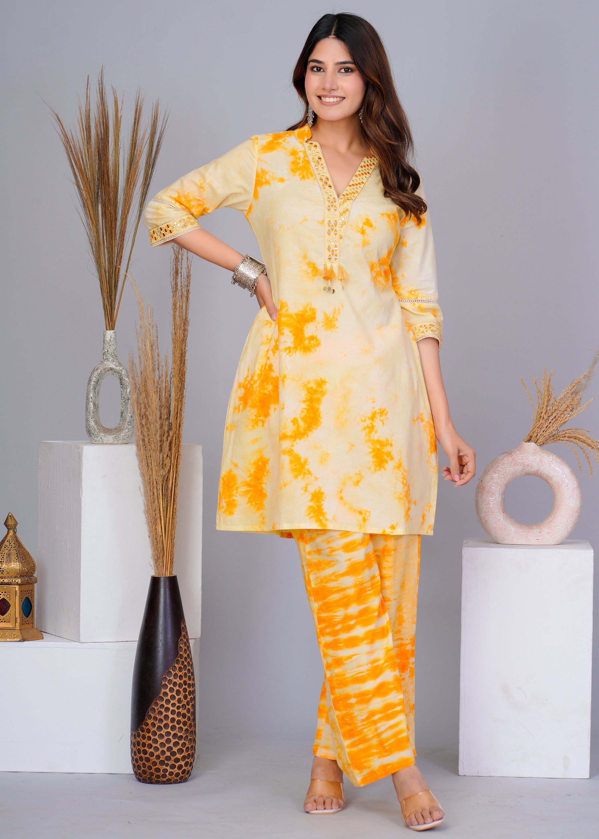 Women's Yellow Work Regular Fit Printed Three Quarter Sleeves Co-Ord Sets