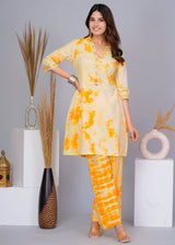 Women's Yellow Work Regular Fit Printed Three Quarter Sleeves Co-Ord Sets