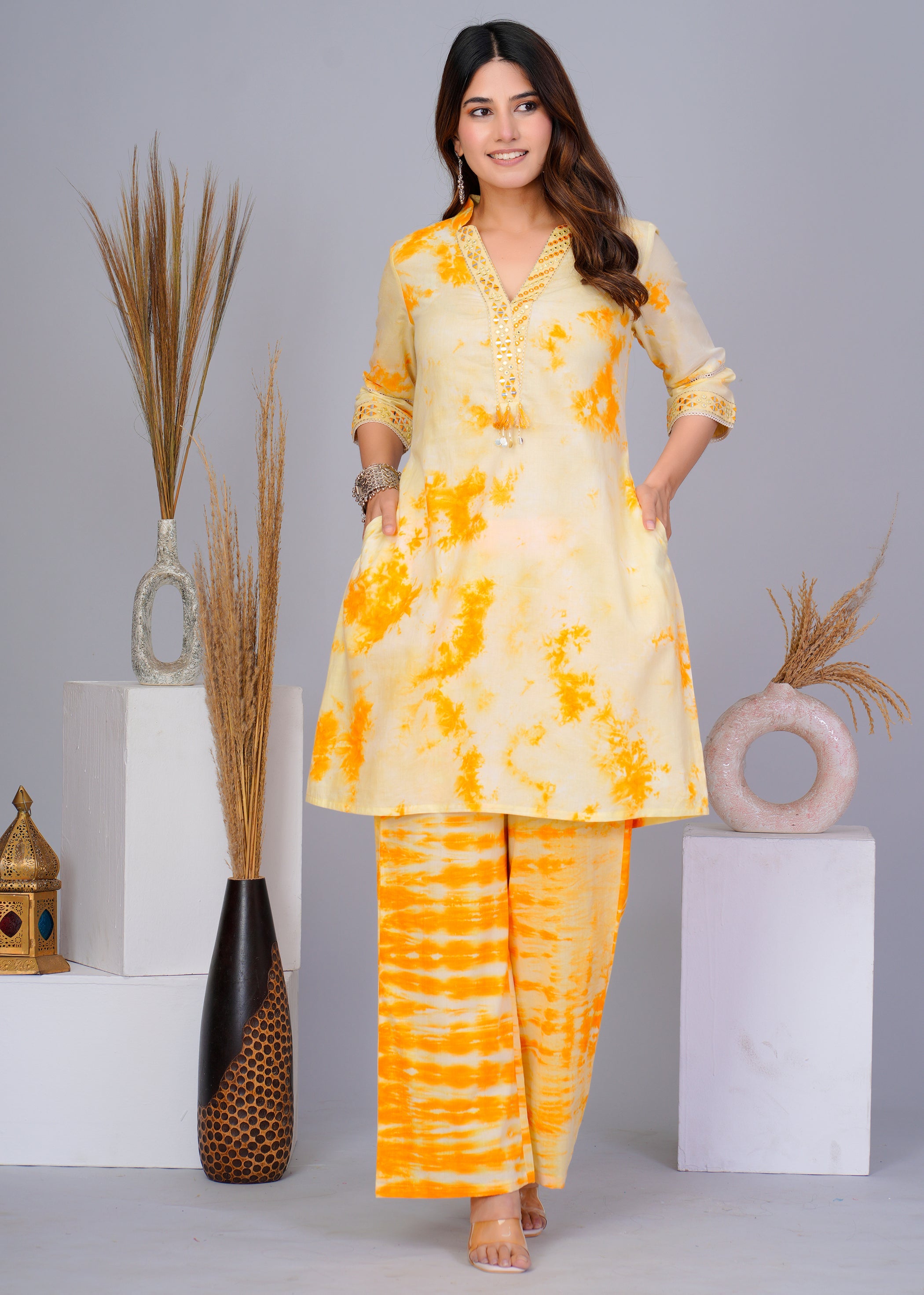 Women's Yellow Work Regular Fit Printed Three Quarter Sleeves Co-Ord Sets