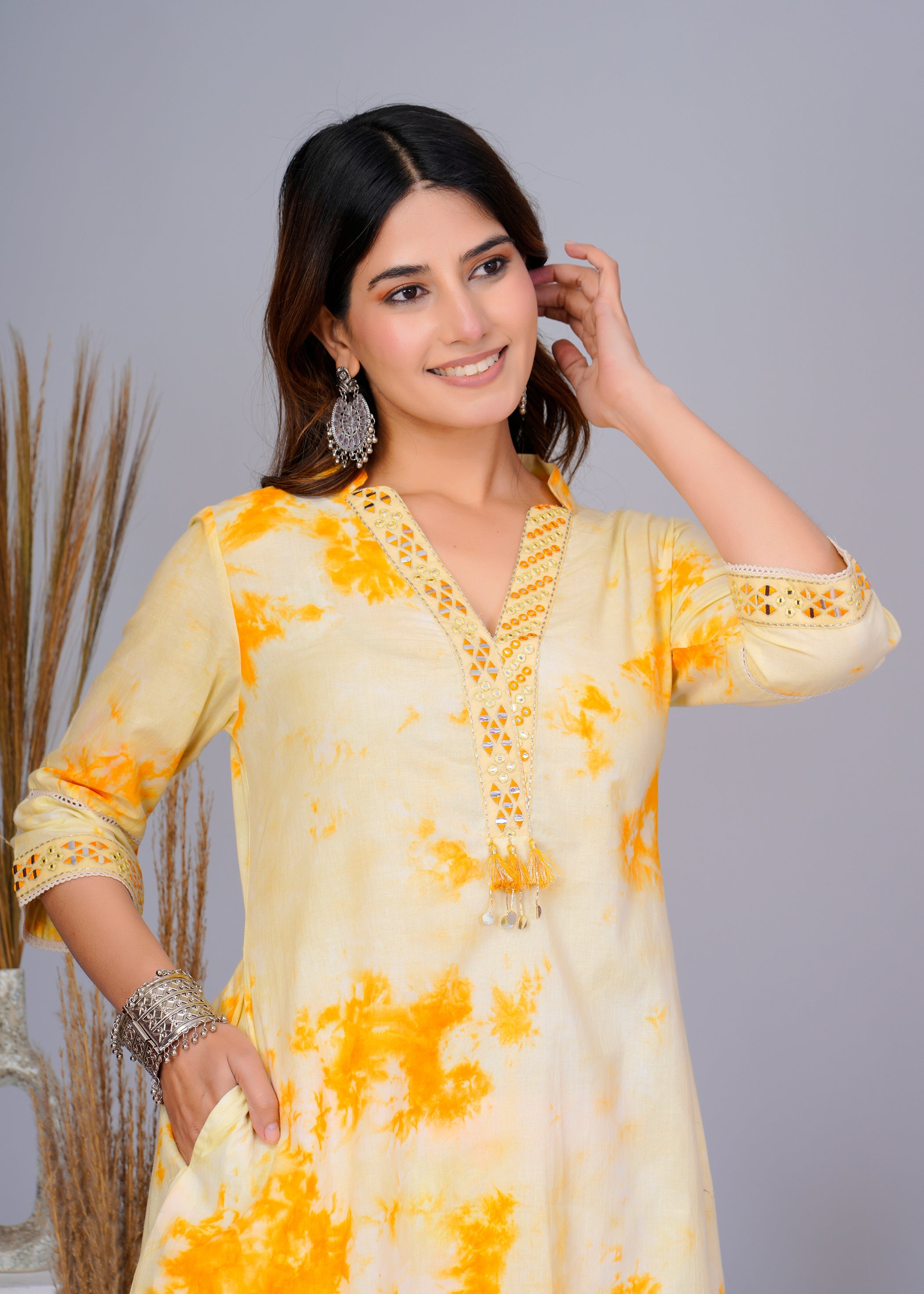 Women's Yellow Work Regular Fit Printed Three Quarter Sleeves Co-Ord Sets
