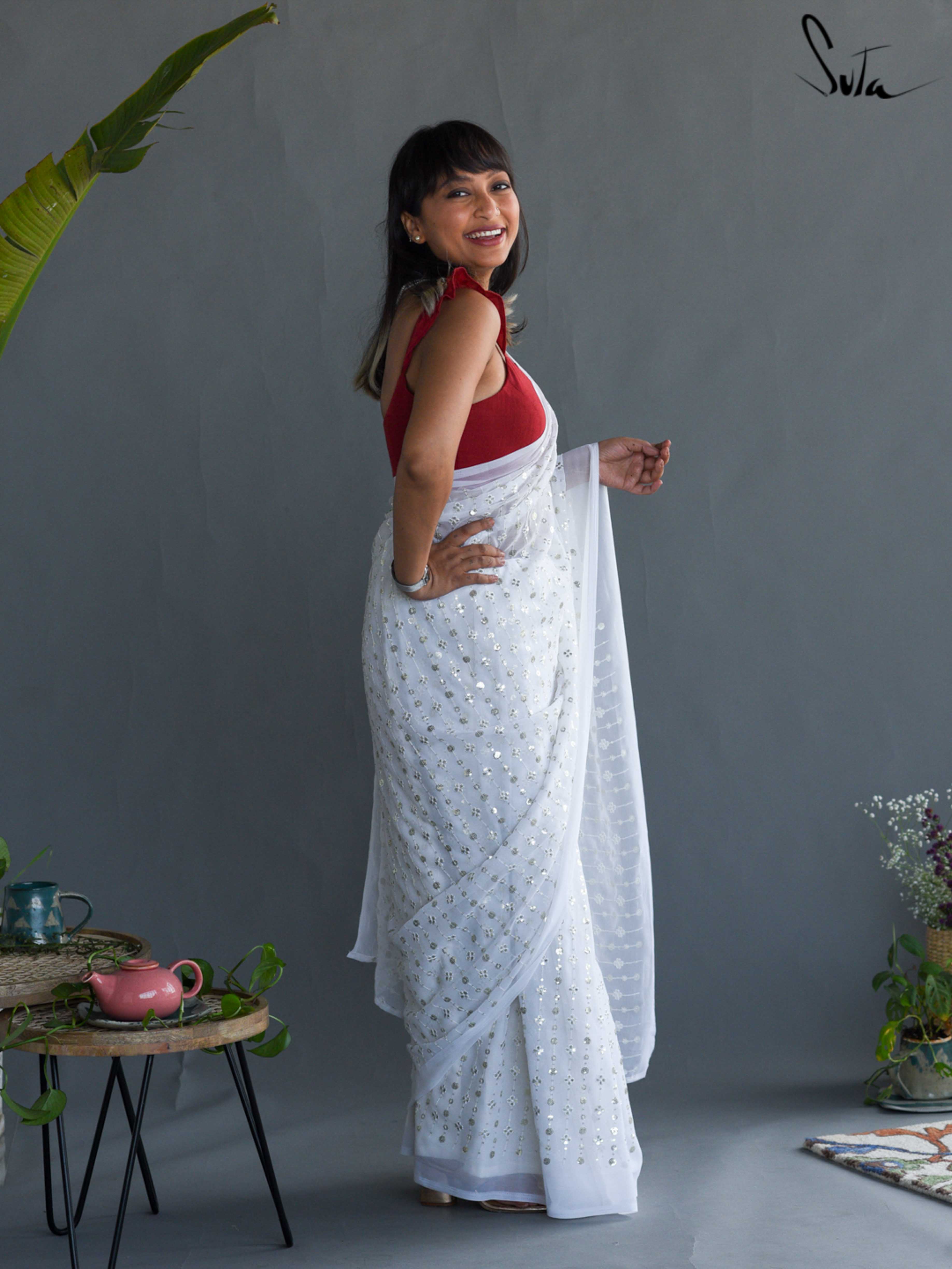 Women's White Viscose Georgette Saree
