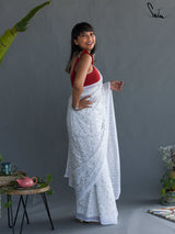 Women's White Viscose Georgette Saree