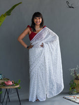 Women's White Viscose Georgette Saree