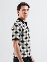 Men's White Slim Fit Textured Polo Collar Tshirt