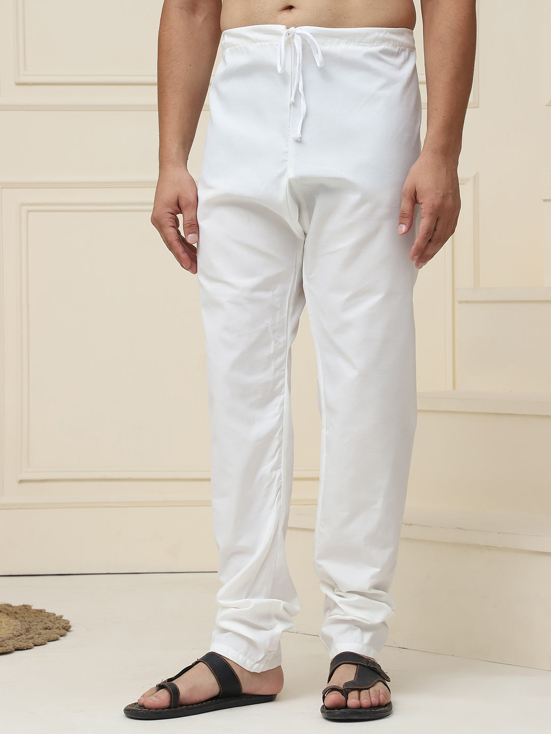 Men's Pure Cotton Solid Cream Churidaar Pyjama