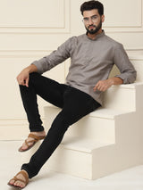 Men's Grey Full Sleeves Short Kurta