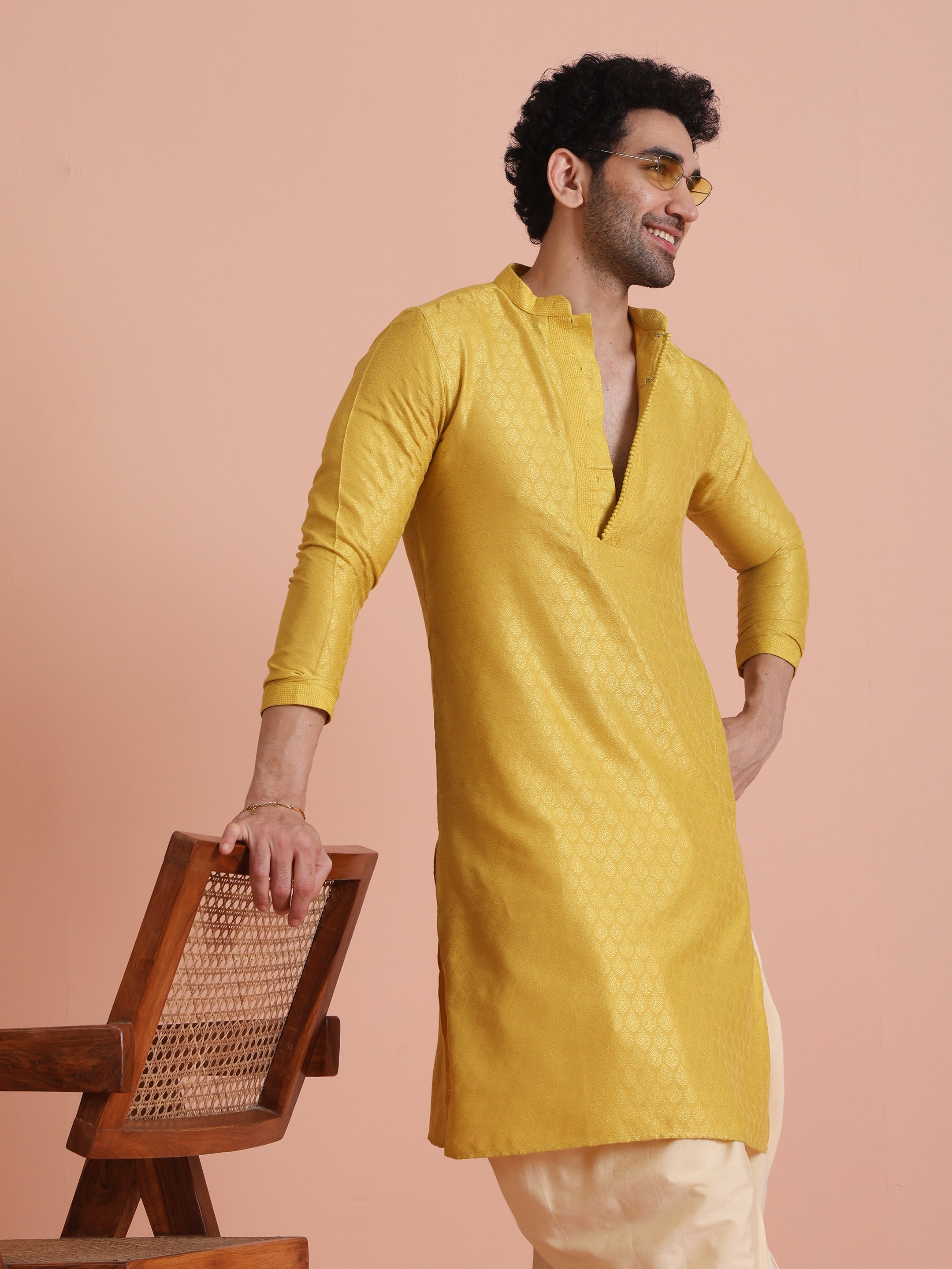Men's Yellow Silk Blend Jacquard Long Festive Kurta
